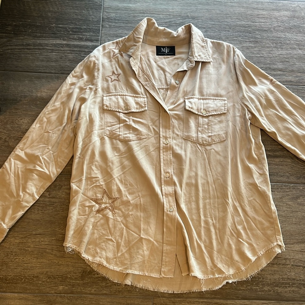 Tan blouse, embellished size small, oversized